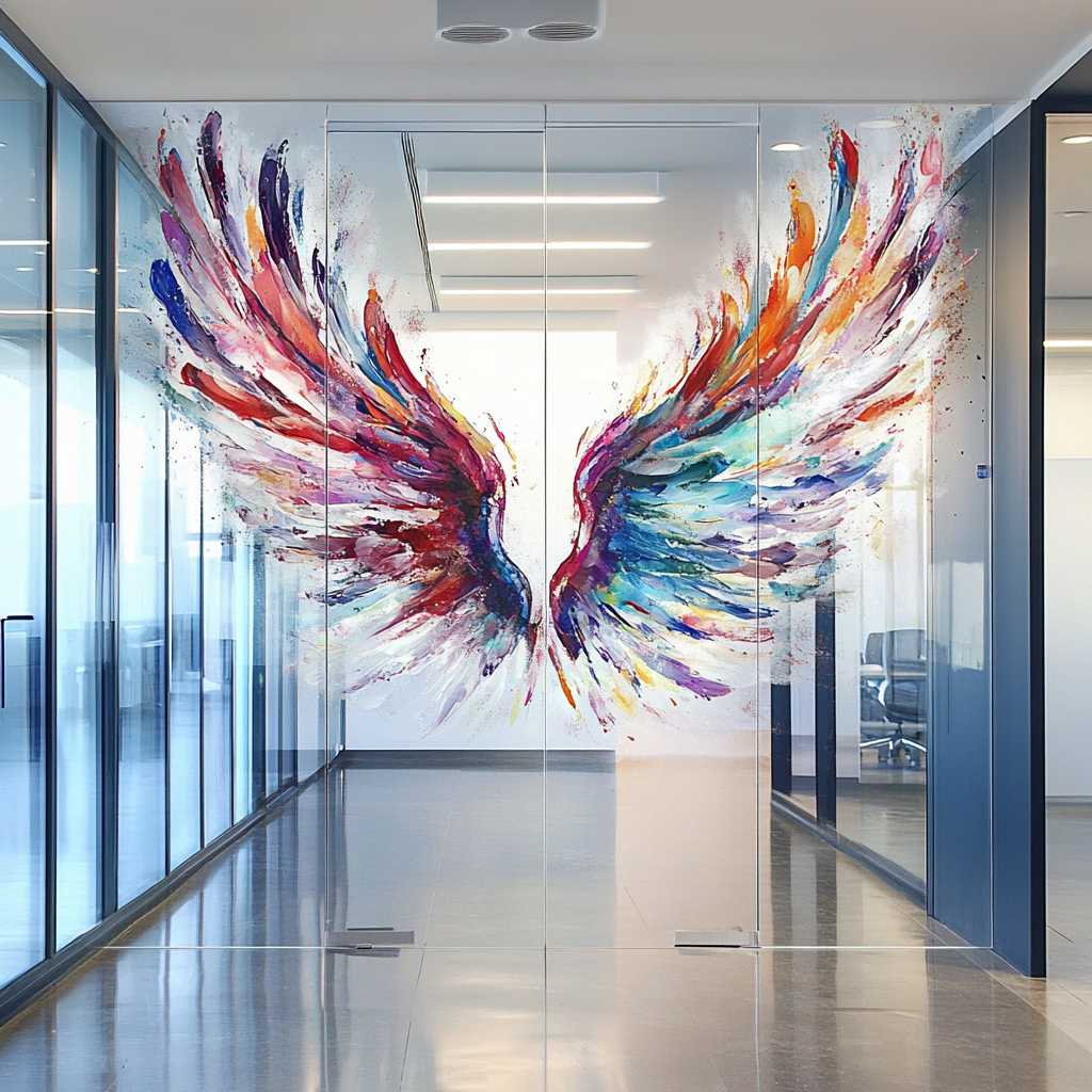 Decorative wing artwork on office glass wall, creating a modern and creative interior design
